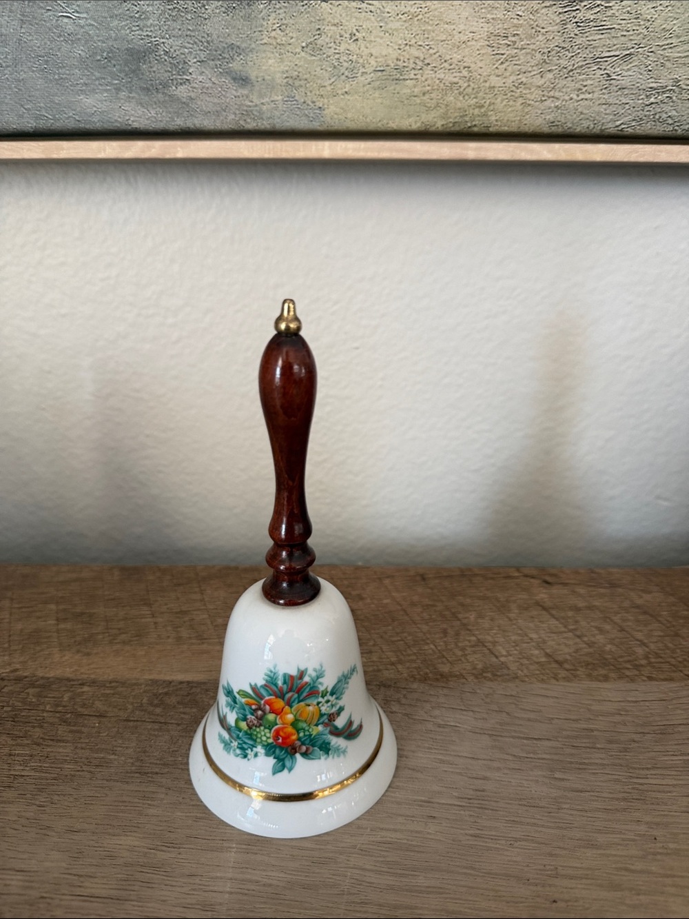 Avon Floral Porcelain Bell with Wood Handle and Gold Trim